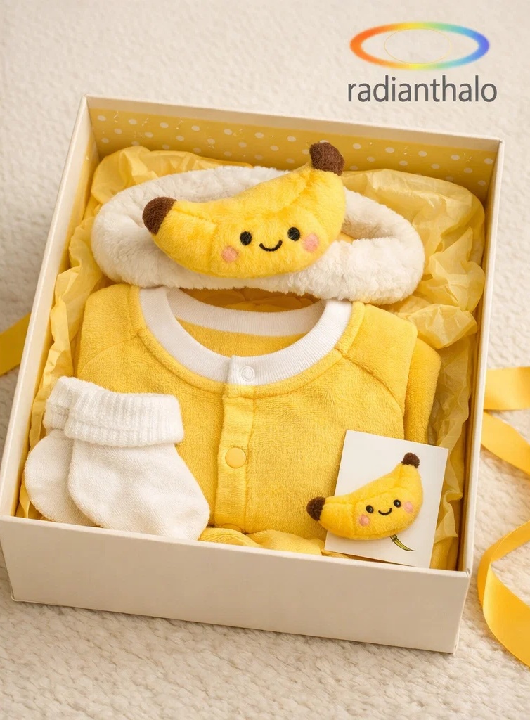 Wholesale Banana Baby Gift Box Yellow Plush Outfit with Matching Banana Doll Headband and Socks