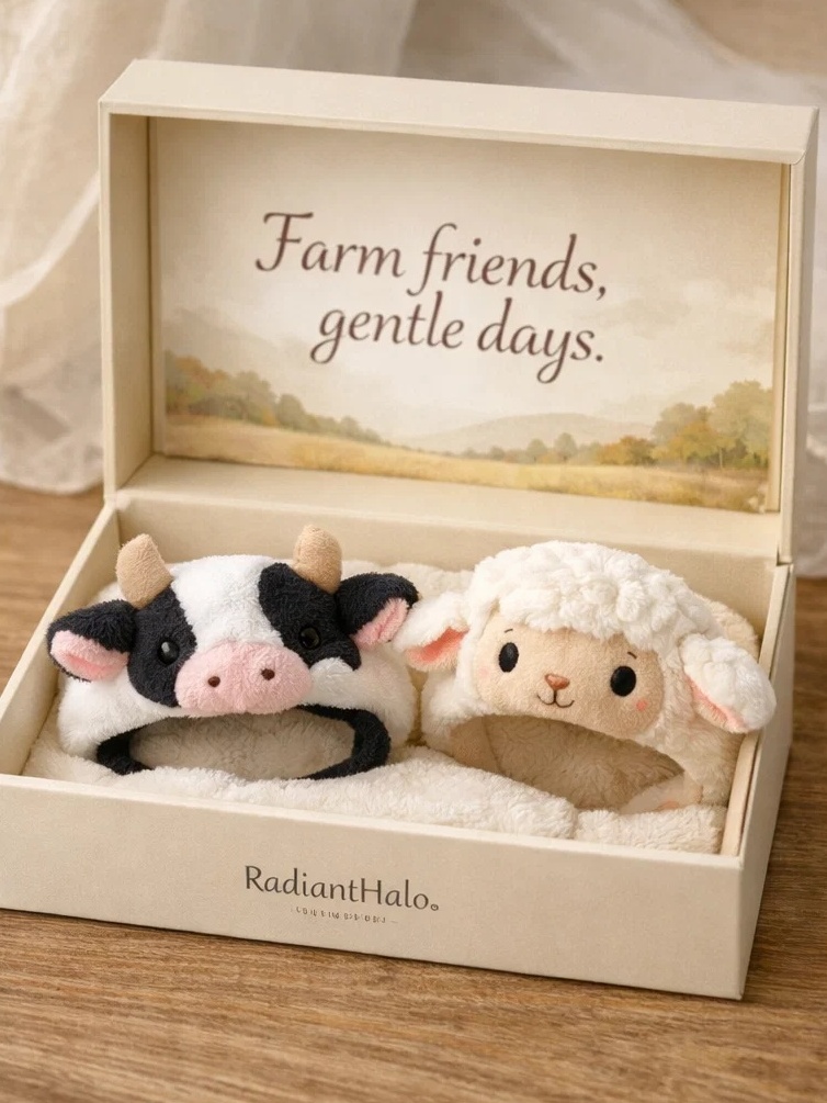 Farm Friends Cow & Lamb Detachable Plush Doll Baby Headband Gift Set for Boutiques