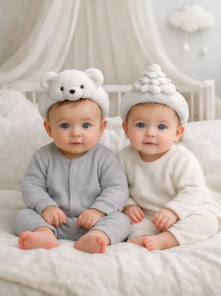 Luxury Pearl White Bear & Snow Tree Plush Baby Headband Gift Box Set