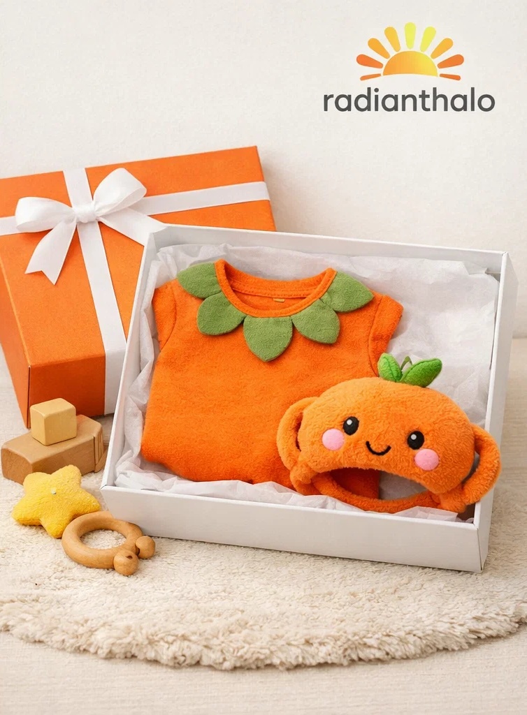 Peter Pan Collar Orange Baby Romper Gift Box with Plush Headband