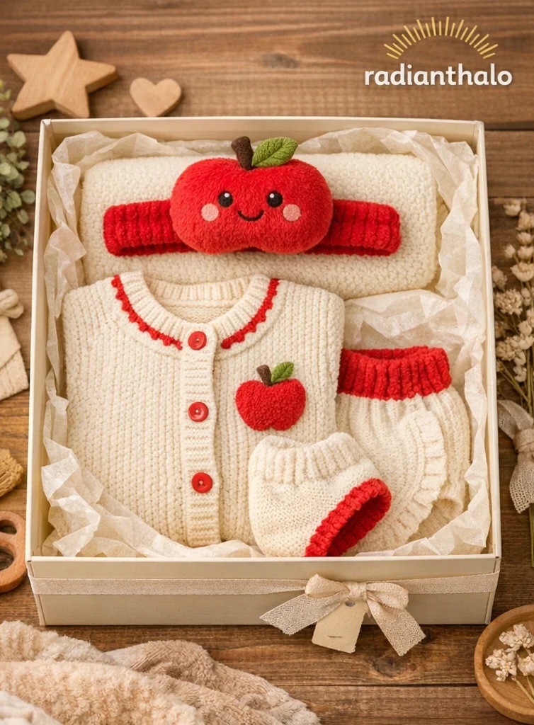 Premium Apple Knit Baby Gift Box Set with Plaid Suspender Bloomers and Plush Headband