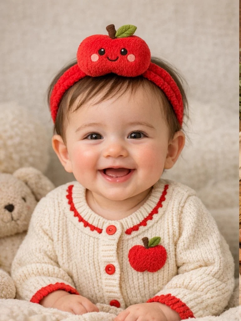 Premium Apple Knit Baby Gift Box Set with Plaid Suspender Bloomers and Plush Headband