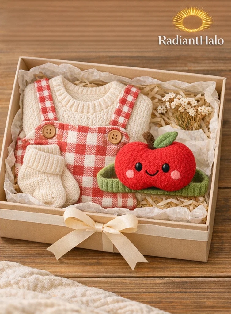 Luxury Apple Knit Newborn Gift Set with Plush Cartoon Headband and Accessories