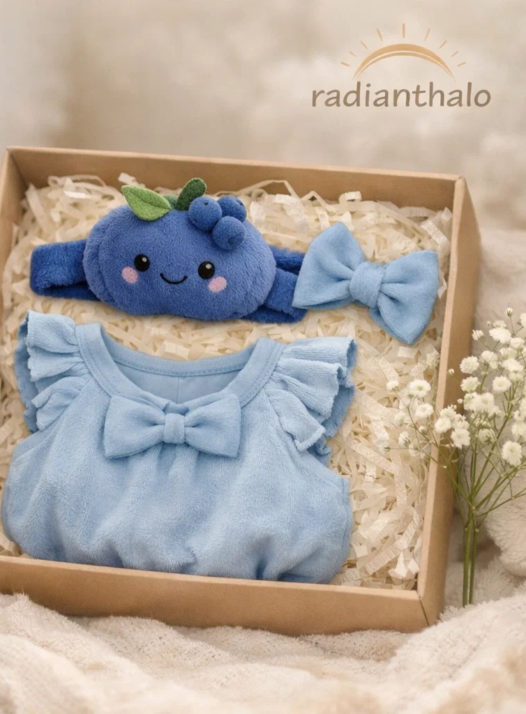 Custom Sky Blue Baby Romper Gift Box with Plush Blueberry Headband and Bow Accent