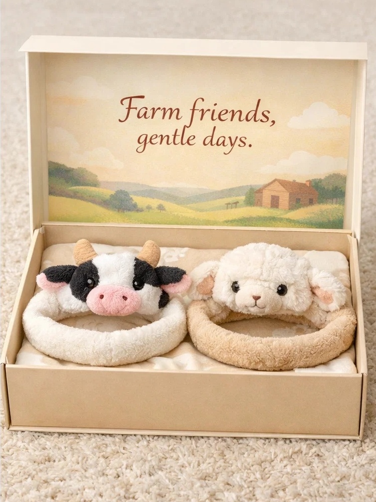 Wholesale Farm Animal Cow & Lamb Plush Baby Headband Box Set with Detachable Doll Design