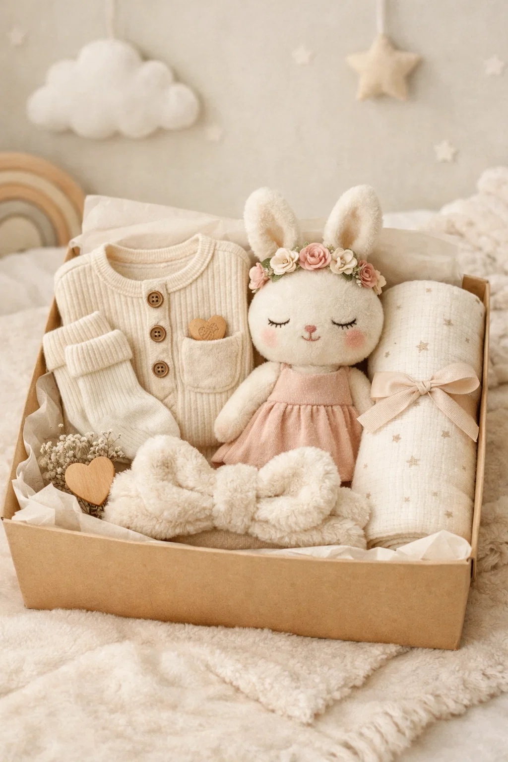 Plush Doll Baby Headband Gift Set with Soft Cotton Newborn Clothing | Perfect Gift Set for Retailers