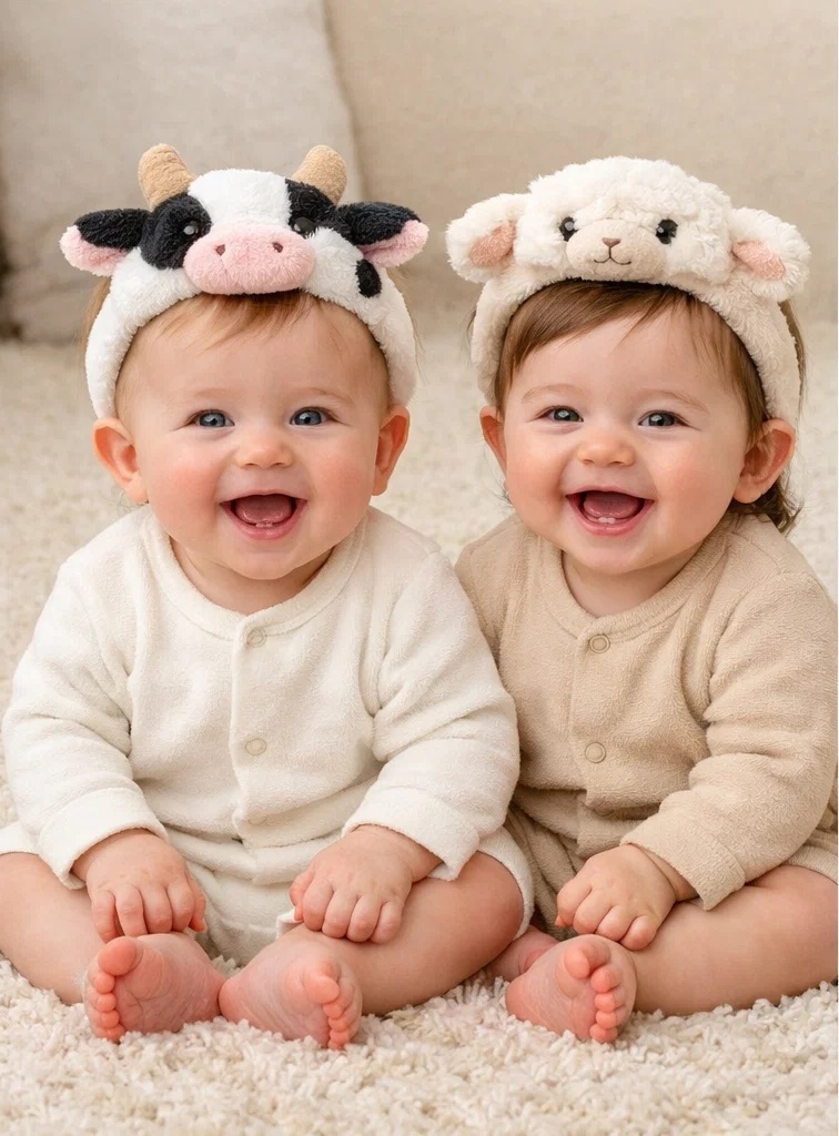 Wholesale Farm Animal Cow & Lamb Plush Baby Headband Box Set with Detachable Doll Design