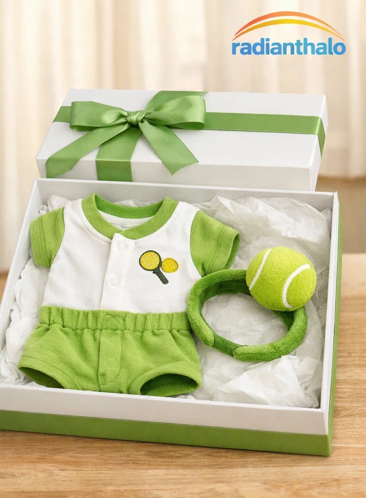 Custom Sporty Green Baby Gift Set with Plush Tennis Ball Headband and Short Romper