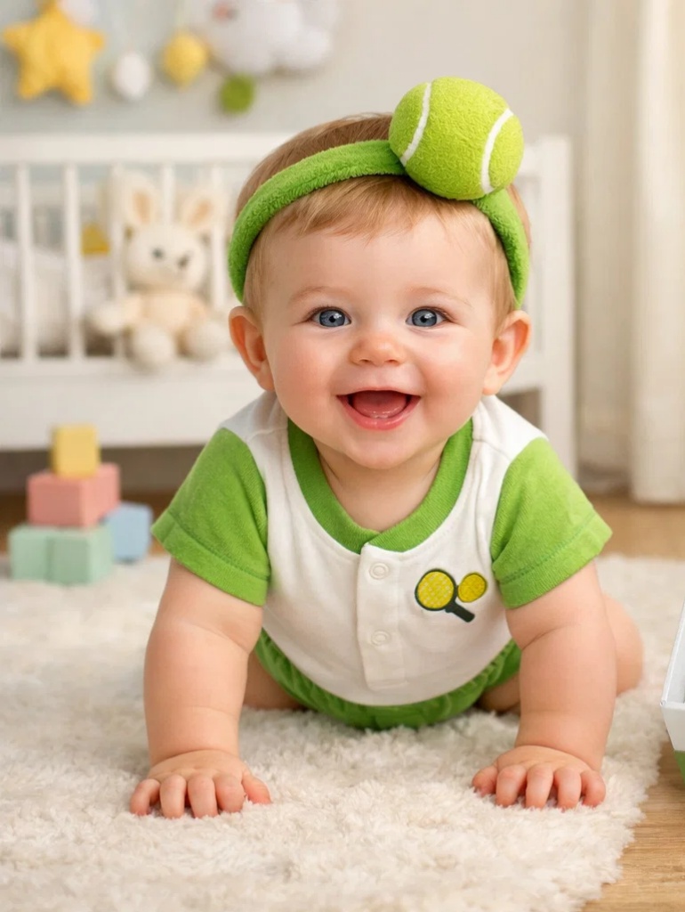 Custom Sporty Green Baby Gift Set with Plush Tennis Ball Headband and Short Romper