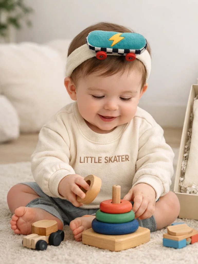 Neutral Skater Baby Gift Box with Plush Skateboard Headband for Trendy Infant Collections