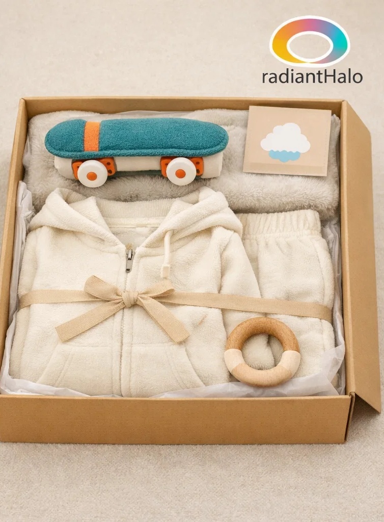 Premium Cream Baby Gift Box with Plush Skateboard Headband, Hoodie Set and Keepsake Toy