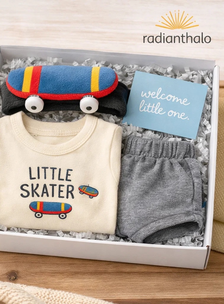 🎁 Boutique Baby Skater Gift Set with Plush Skateboard Headband, Graphic Top and Shorts