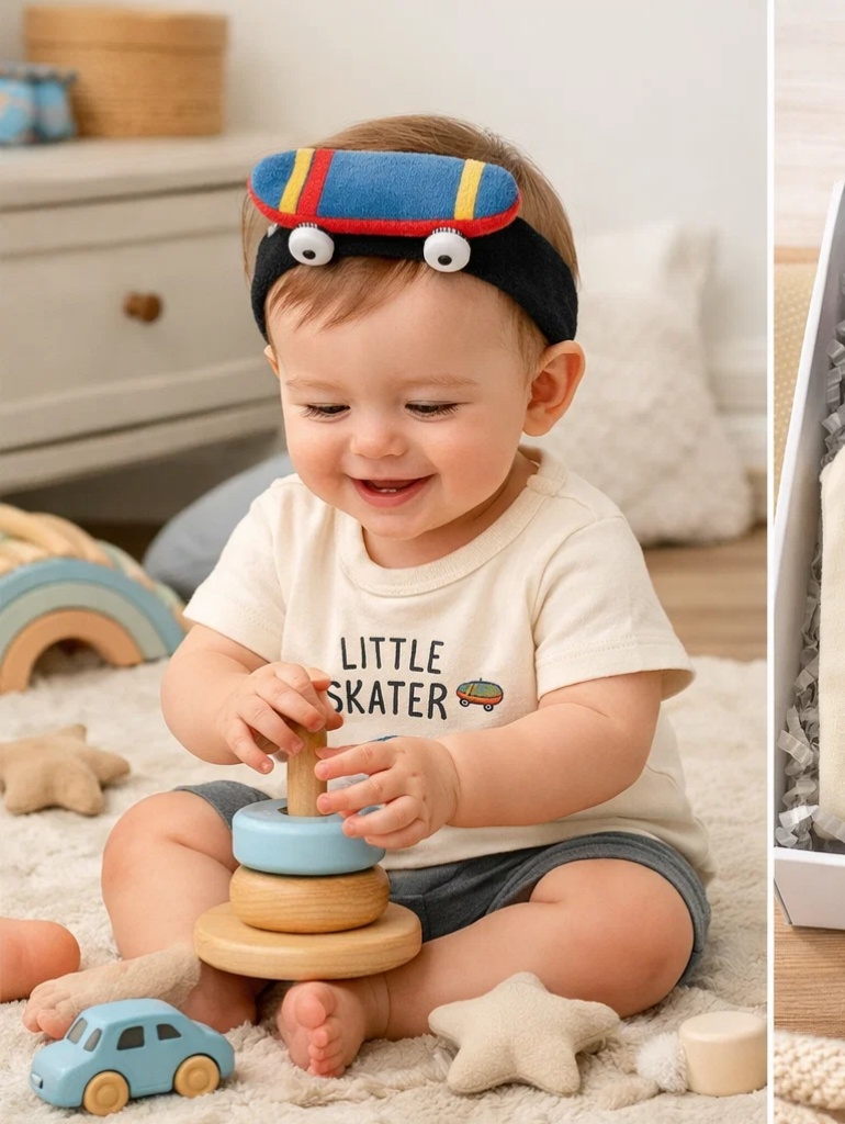 🎁 Boutique Baby Skater Gift Set with Plush Skateboard Headband, Graphic Top and Shorts