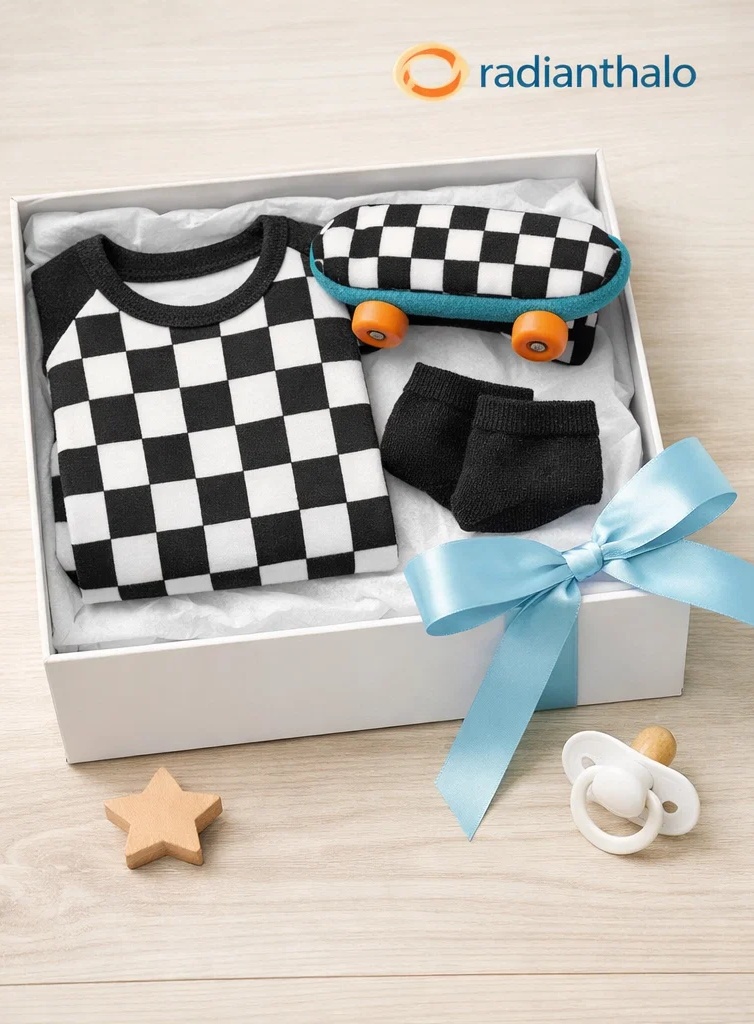 🤍 Retail-Ready Checkerboard Baby Gift Box with Plush Skateboard Headband and Matching Socks