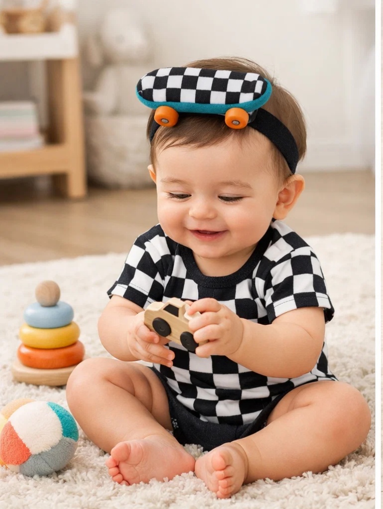🤍 Retail-Ready Checkerboard Baby Gift Box with Plush Skateboard Headband and Matching Socks