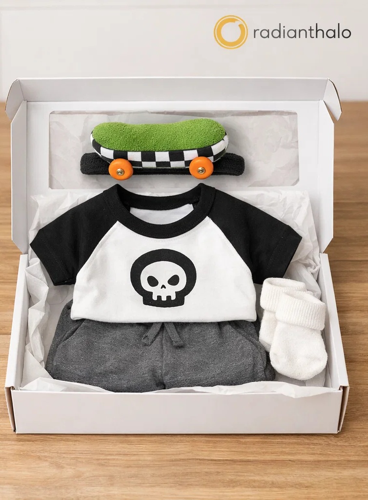 🌟 Wholesale Cool Boy Baby Gift Set with Plush Skateboard Headband, Skull Graphic Tee and Shorts