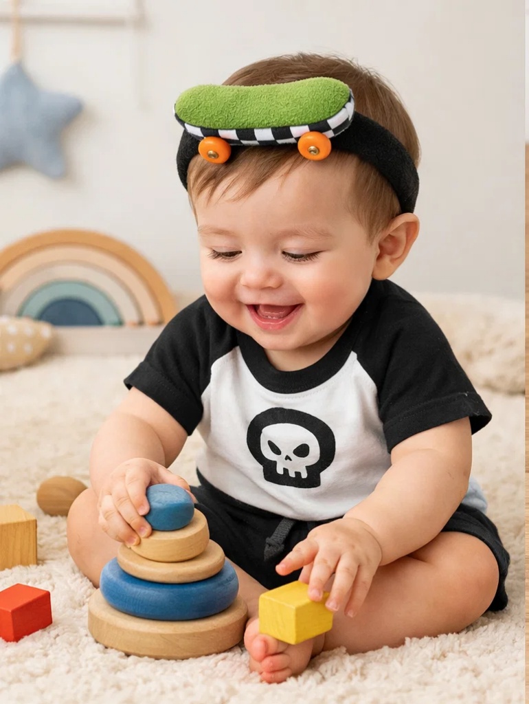 🌟 Wholesale Cool Boy Baby Gift Set with Plush Skateboard Headband, Skull Graphic Tee and Shorts