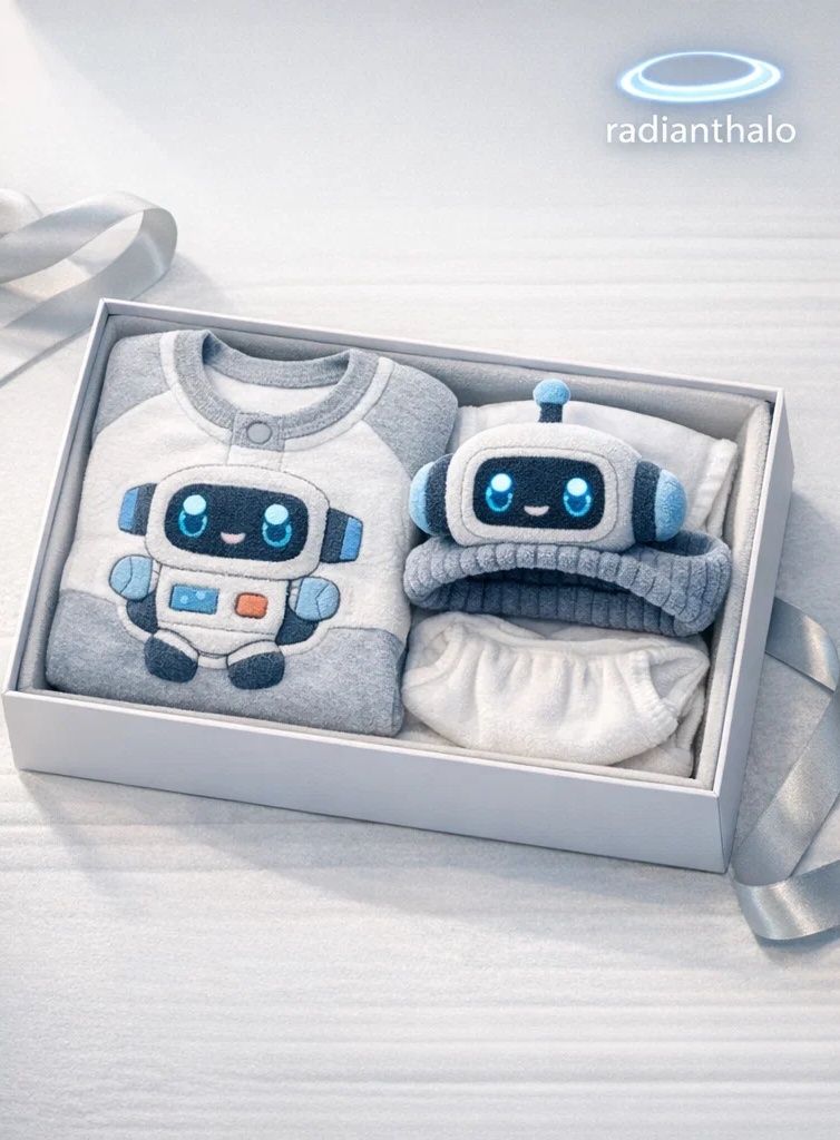 🤖 Boutique Robot Baby Gift Box with Plush Character Headband, Space Suit Outfit and Mittens