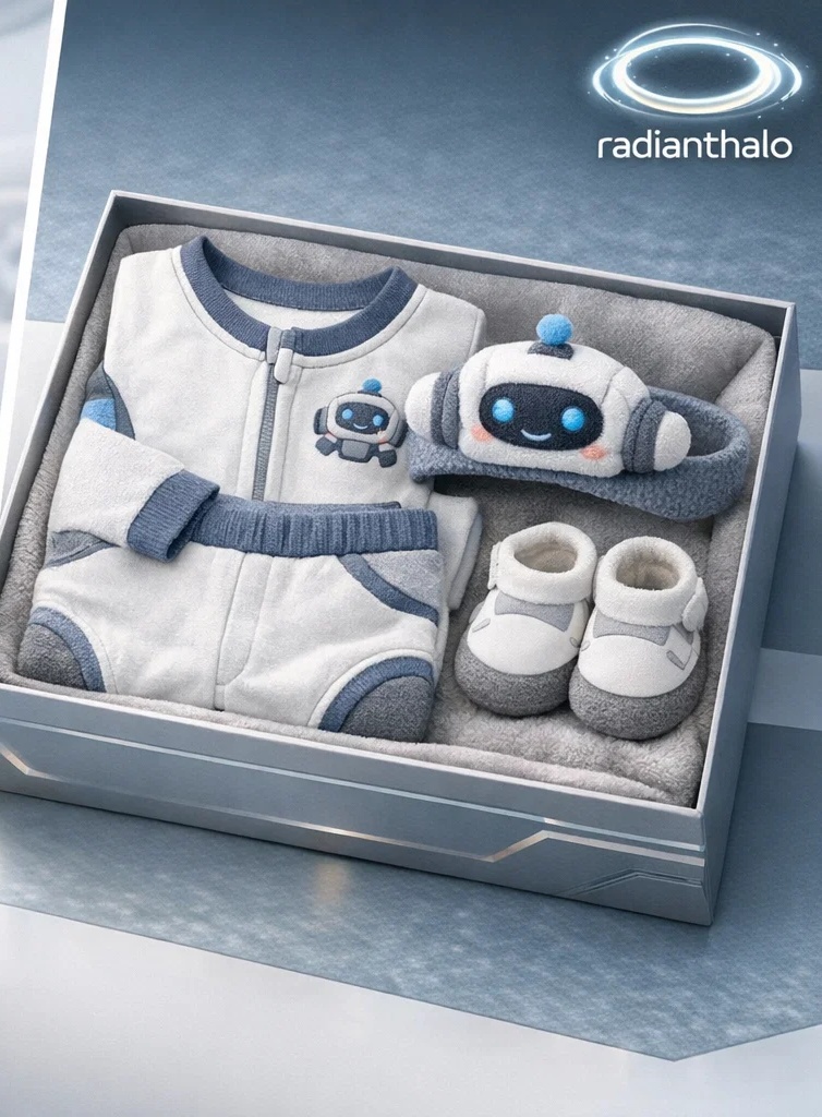 🤖 Soft Robot Baby Gift Box with Plush Character Headband and Coordinated Blue Outfit