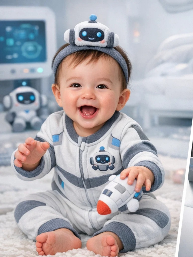 🤖 Soft Robot Baby Gift Box with Plush Character Headband and Coordinated Blue Outfit