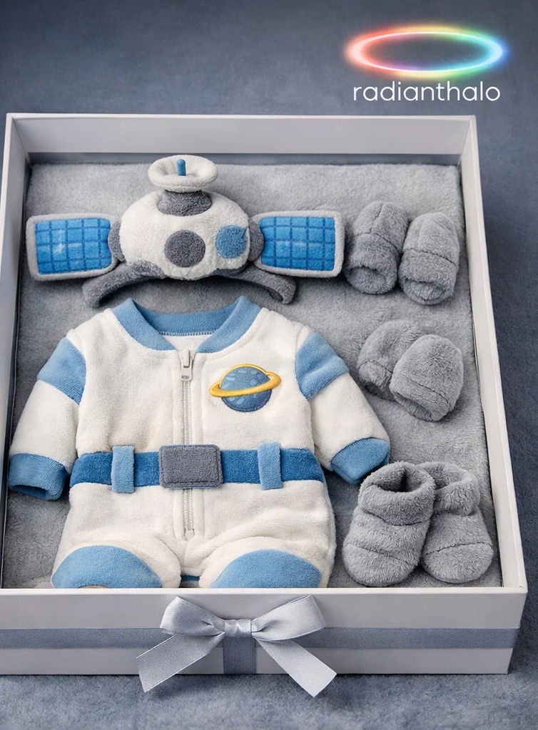 🚀 Premium Space Baby Gift Set with Plush Robot Headband, Zip Outfit and Booties