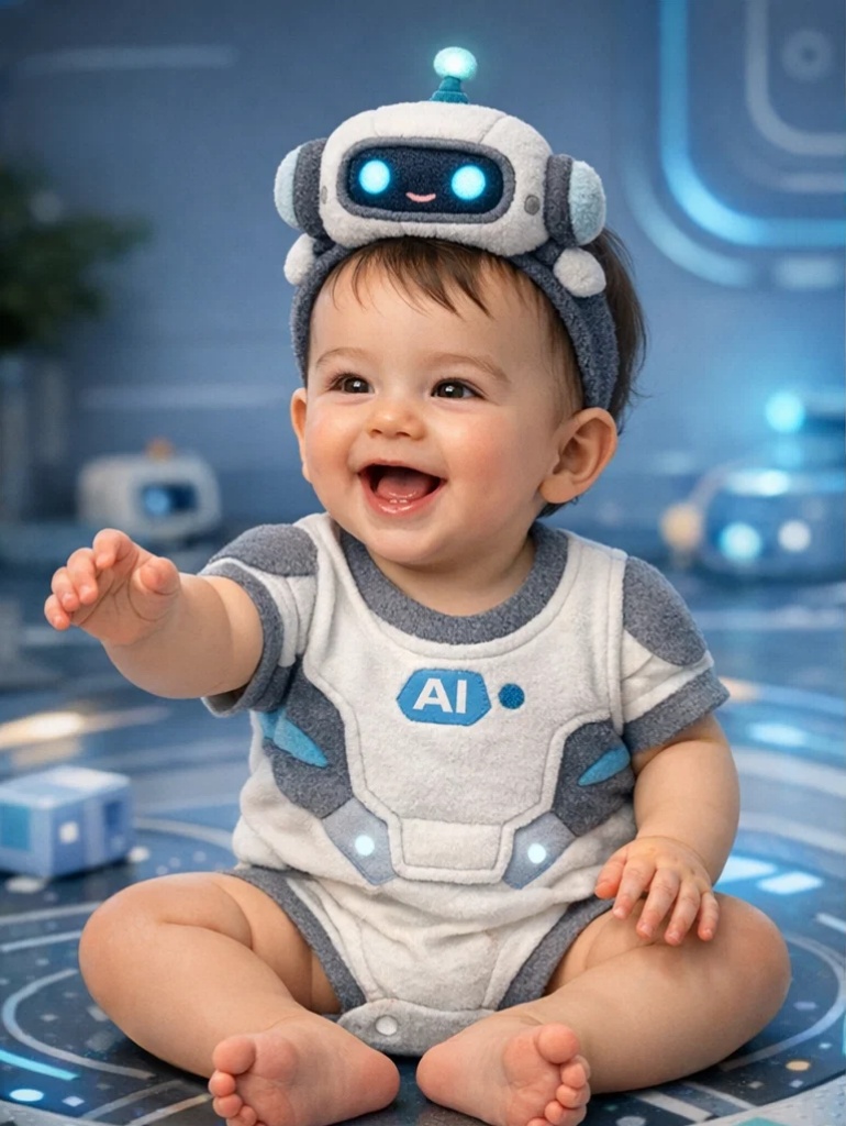 Custom AI Robot Baby Romper Gift Set with Plush Robot Headband and Matching Booties