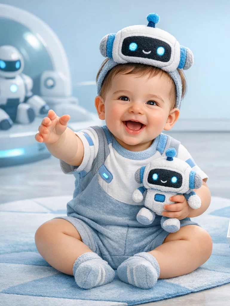 OEM Futuristic Robot Baby Gift Box with Plush Character Headband for Boutique Infant Gifting