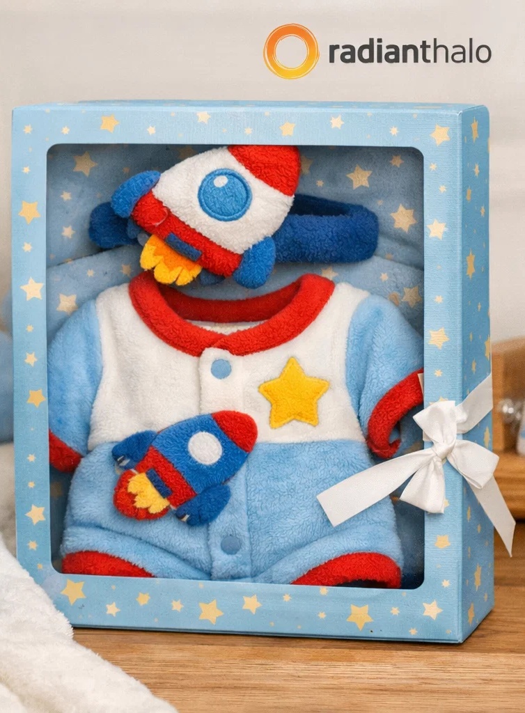 Wholesale Rocket Baby Romper Gift Box with Plush Rocket Headband for Space-Themed Collections