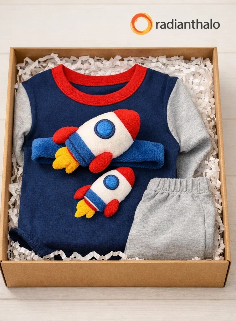 OEM Futuristic Robot Baby Gift Box with Plush Character Headband for Boutique Infant Gifting