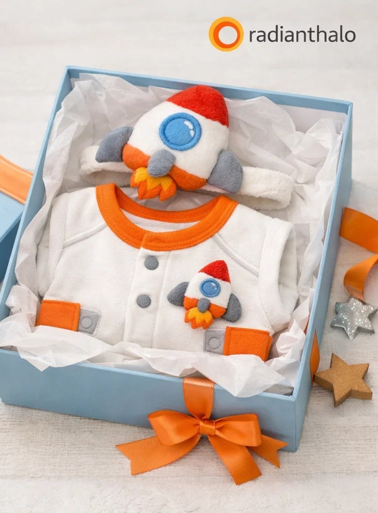 Wholesale Orange Space Rocket Baby Gift Set with Plush Rocket Headband for Boutique Baby Stores
