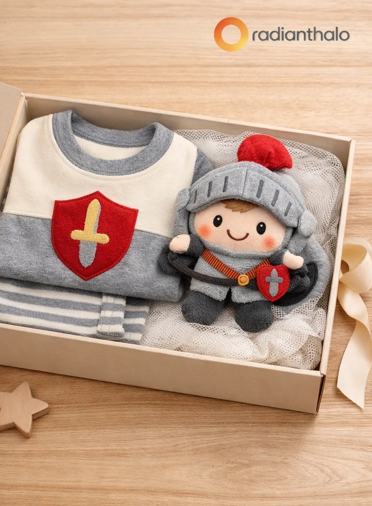Custom Blue Shield Knight Baby Outfit Gift Box with Plush Knight Headband and Striped Shorts