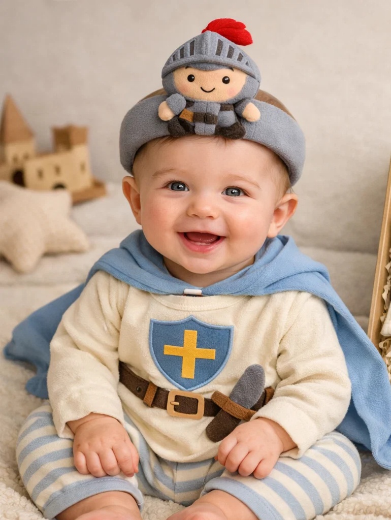 Custom Blue Shield Knight Baby Outfit Gift Box with Plush Knight Headband and Striped Shorts