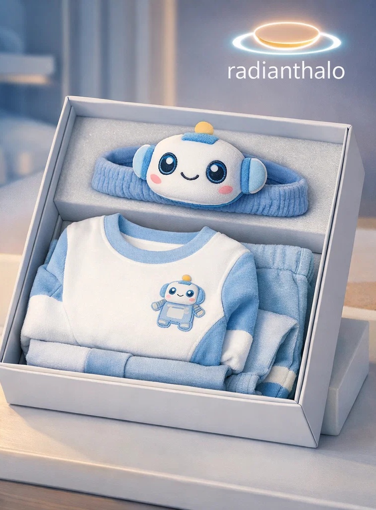 Wholesale Space Robot Baby Gift Box with Plush Character Headband, Booties and Blanket