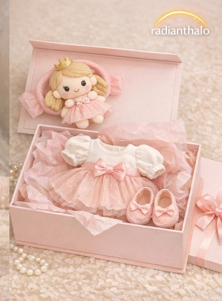 🌸 Sweet Pink Baby Gift Box with Princess Doll Headband, Floral Romper Dress and Shoes