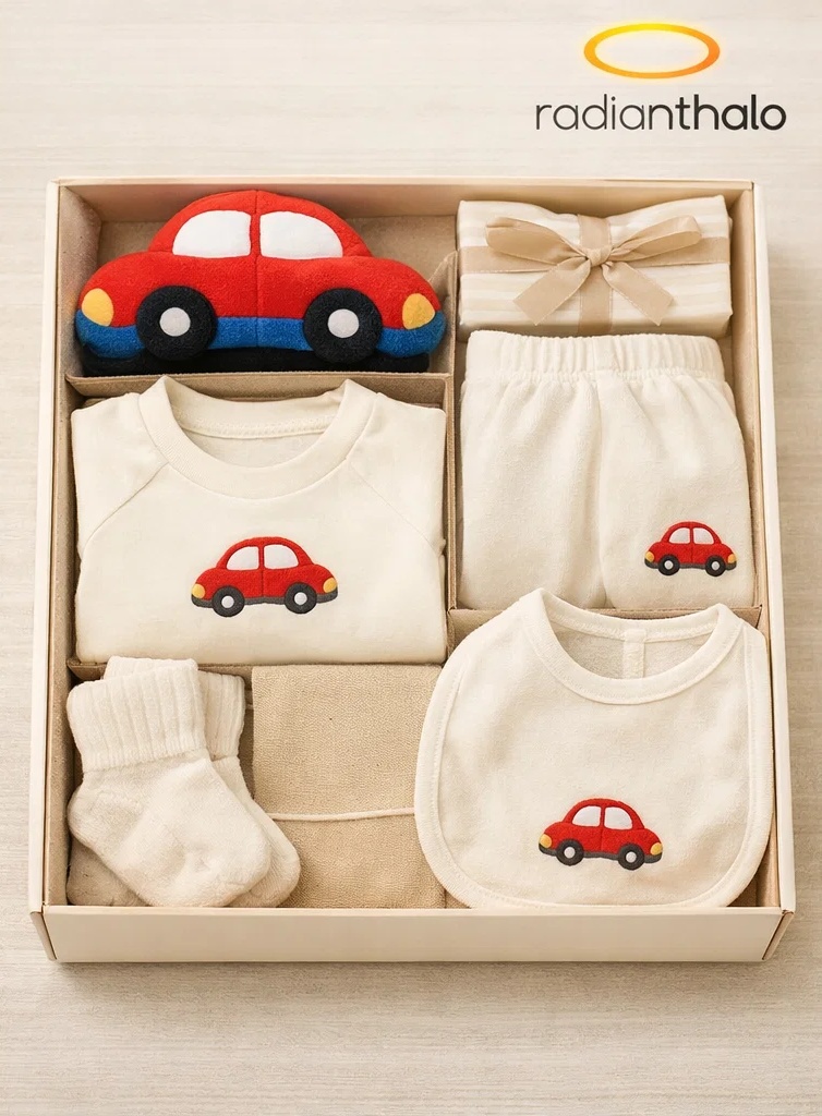 Private Label Red Car Baby Gift Box with Plush Car Headband and Multi-Piece Essentials Set