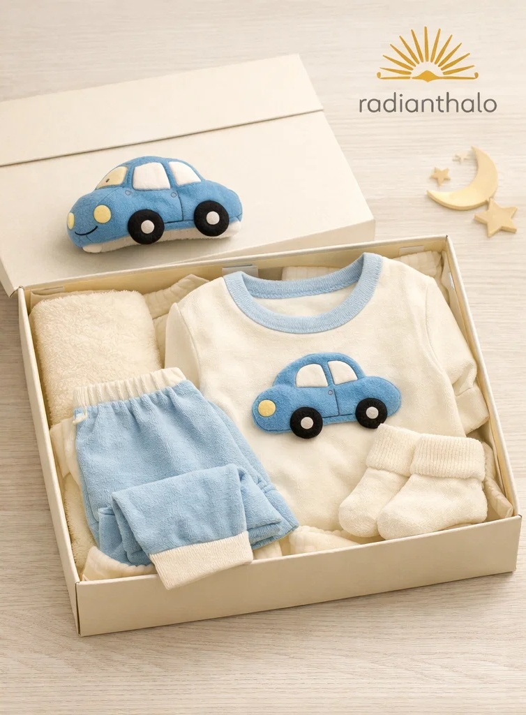 OEM Blue Car Baby Gift Box with Plush Car Headband and Cozy Newborn Essentials