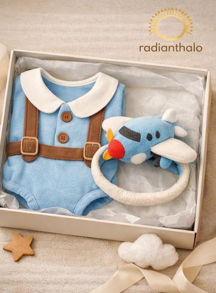 Wholesale Airplane Baby Romper Gift Box with Plush Plane Headband for Boutique Newborn Collections