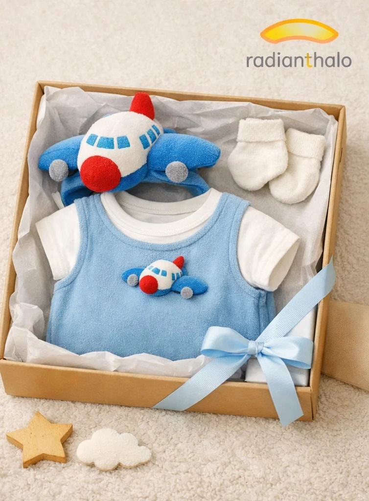 Custom Airplane Baby Outfit Gift Set with Plush Plane Headband and Matching Mittens