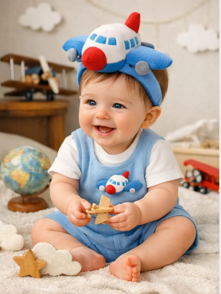 Custom Airplane Baby Outfit Gift Set with Plush Plane Headband and Matching Mittens