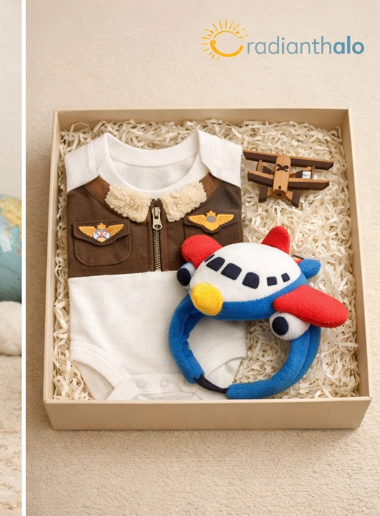 ☁️ Coffret cadeau bébé style pilote avec bandeau amovible peluche avion et barboteuse assortie