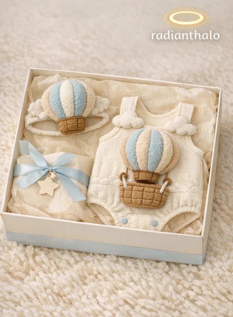Wholesale Hot Air Balloon Baby Gift Box Set with Plush Toy Headband & 3D Romper