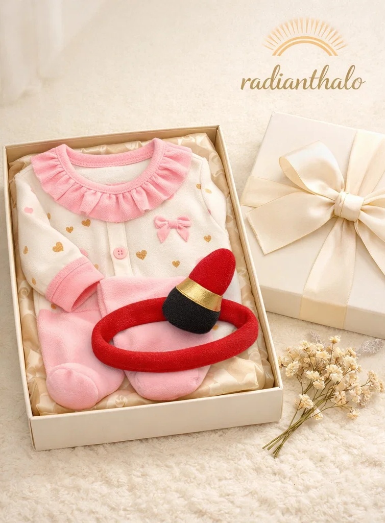 Boutique-Ready Pink Heart Baby Gift Box with Footed Romper & Plush Lipstick Headband