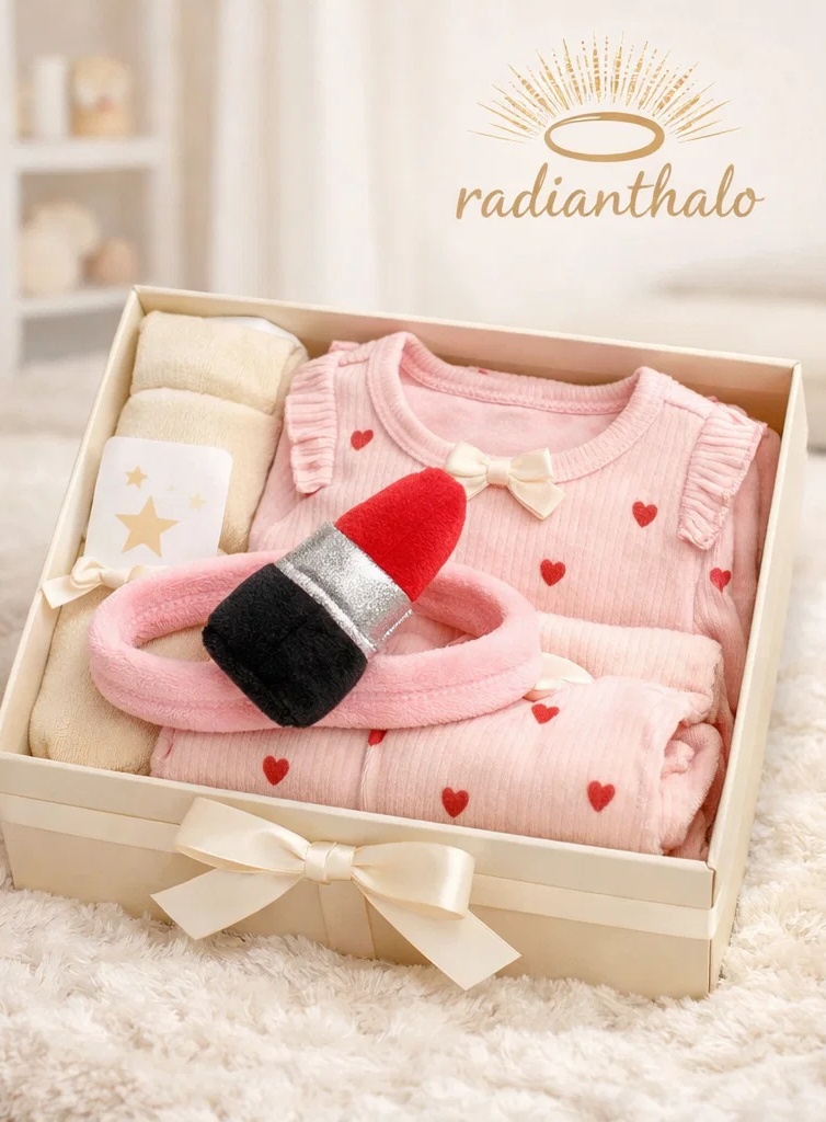 💕 Coffret cadeau bébé fille avec bandeau amovible peluche rouge à lèvres, ensemble cœur et couverture assortie