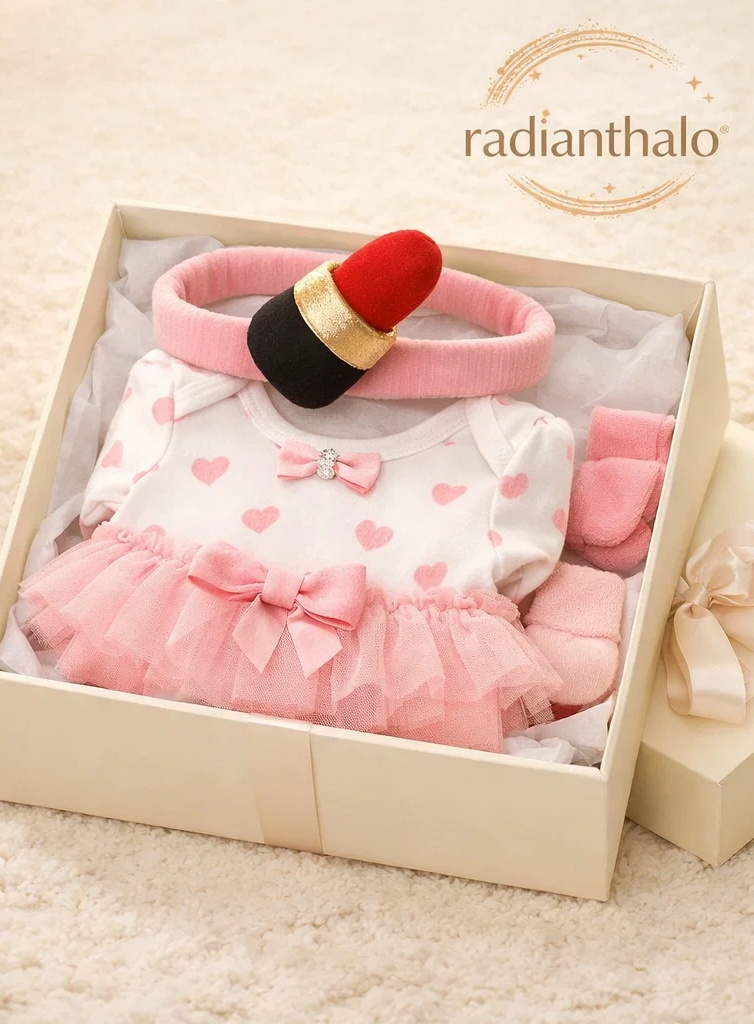 Luxury Baby Tutu Gift Box with Heart Bodysuit, Socks & Plush Lipstick Headband