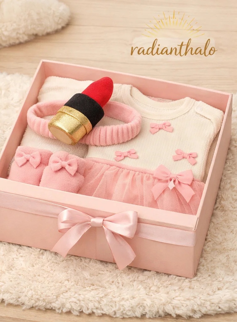🎀 卸売向けベビーガールギフトボックス 取り外し可能なリップスティックぬいぐるみヘッドバンド付きリボンセット