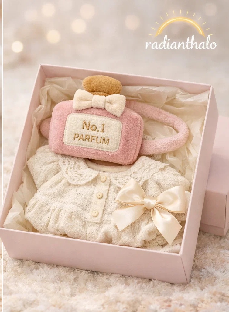 🎀 Caixa de presente premium para bebé menina com faixa removível de pelúcia em batom e conjunto com laços