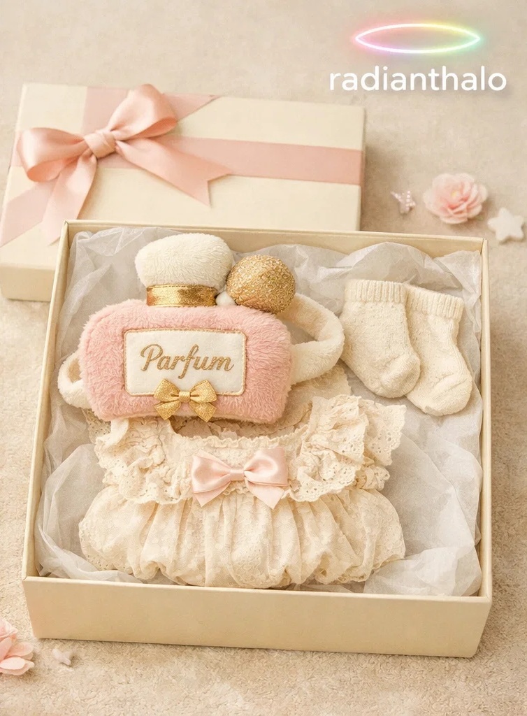 Soft Knit Newborn Gift Box with Socks & Plush Parfum Toy Headband