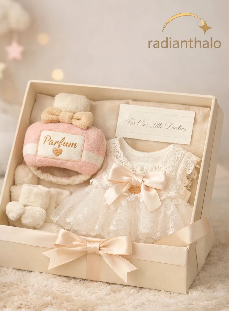 Luxury Lace Baby Dress Gift Box with Plush Parfum Headband & Keepsake Presentation