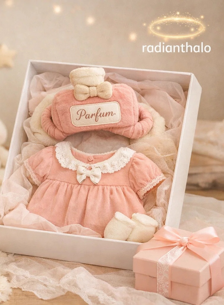 🧸 OEM Pink Bow Romper with Cartoon Plush Headband Baby Gift Box Set