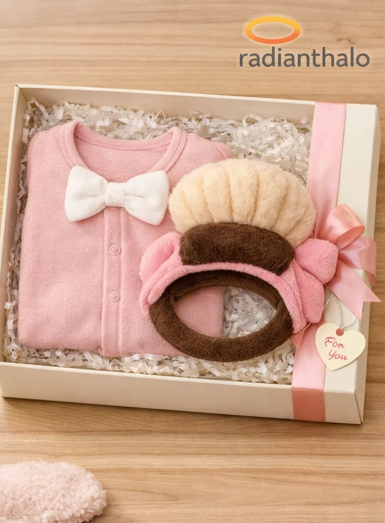 Private-Label Baby-Geschenkbox in Rosa mit abnehmbarem Plüsch-Stirnband im Boutique-Stil und Schleifen-Strampler